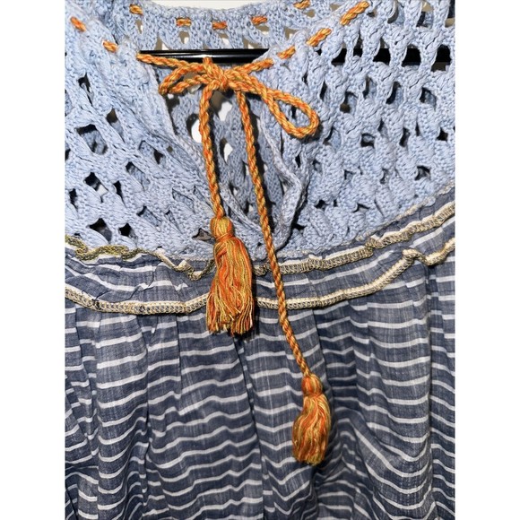 Free People Allora Blouse Womens Small Blue Peasant Cropped Crochet Striped XS - Picture 3 of 6